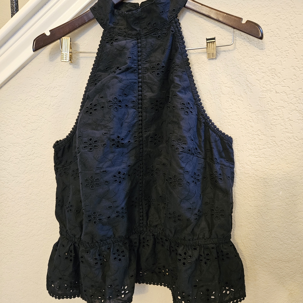 RYE GRASS Black Embroidered Eyelet High Neck Halter Peplum Top XL